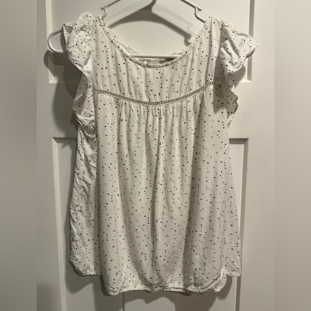 LOFT White Blouse with Ruffle Sleeves and Dotted Pattern